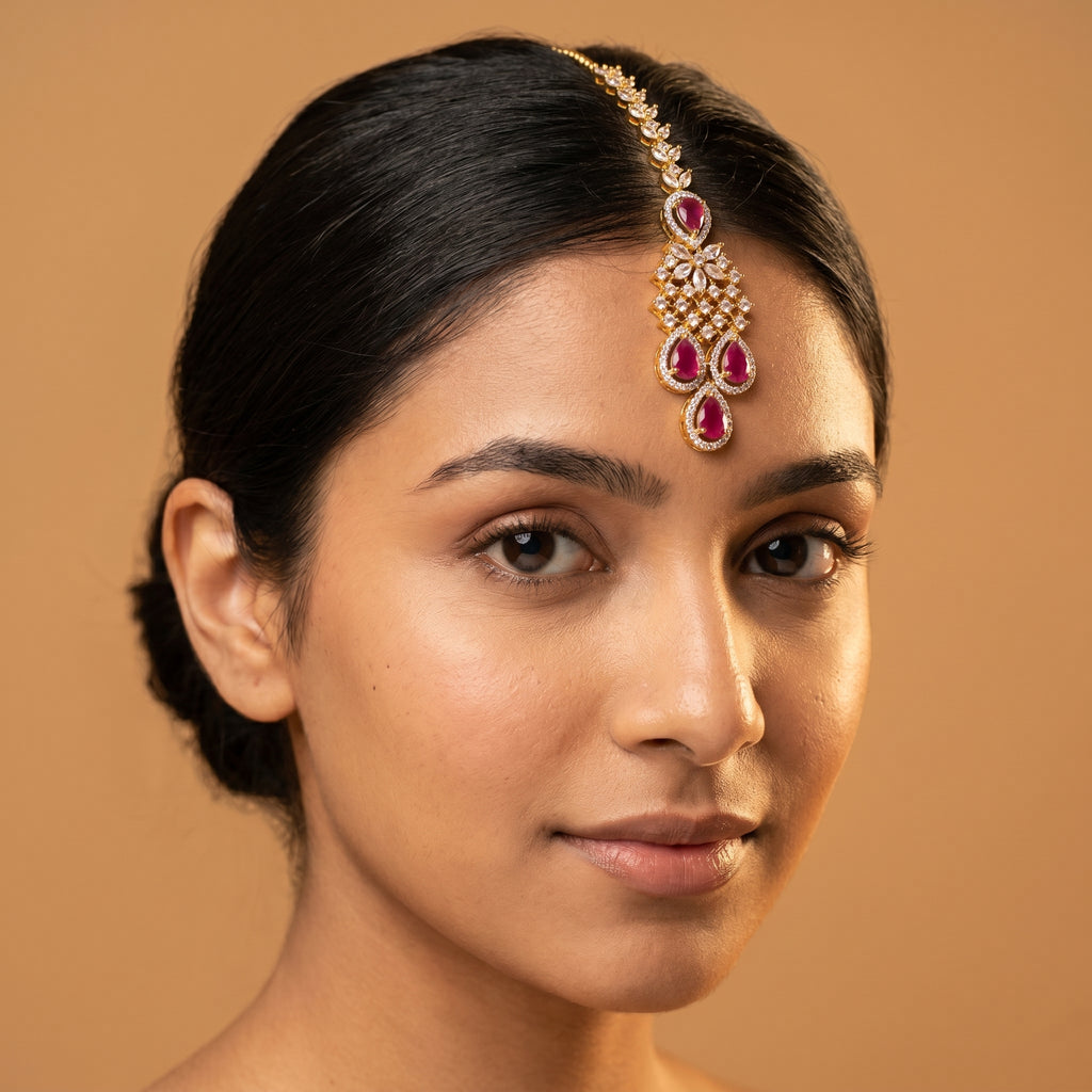 Crimson Bloom Tikka detail showing marquise crystal stem and red stone halos
