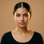 Kundan Crystal Tikka detail showing marquise crystal leaf links and pavé-bordered teardrop pendant