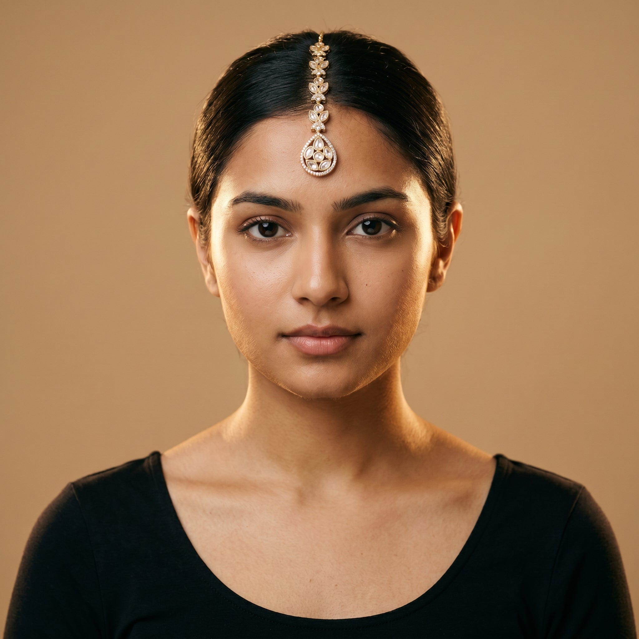Kundan Crystal Tikka detail showing marquise crystal leaf links and pavé-bordered teardrop pendant