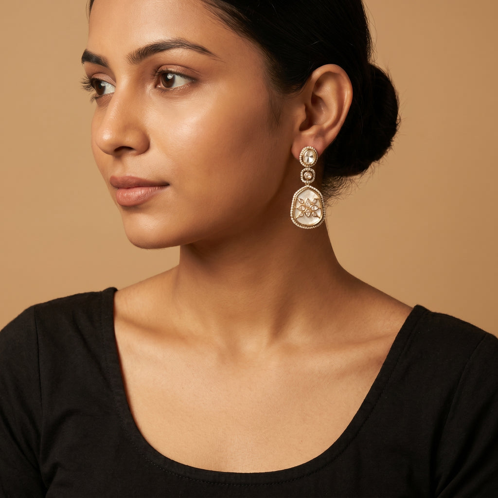 Polki Bloom Earrings detail showing rose-cut crystal stud, floral filigree overlay, and mother-of-pearl shield panel