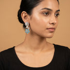 Moti Firoza Earrings detail showing pearl stud marquise leaf branches and blue petal flower drop