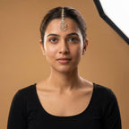 Kiara Dewdrop Tikka detail showing pavé crescent pendant and five teardrop crystal charms