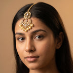 Kundan Pearl Tikka detail showing filigree crescent and graduated pearl fringe