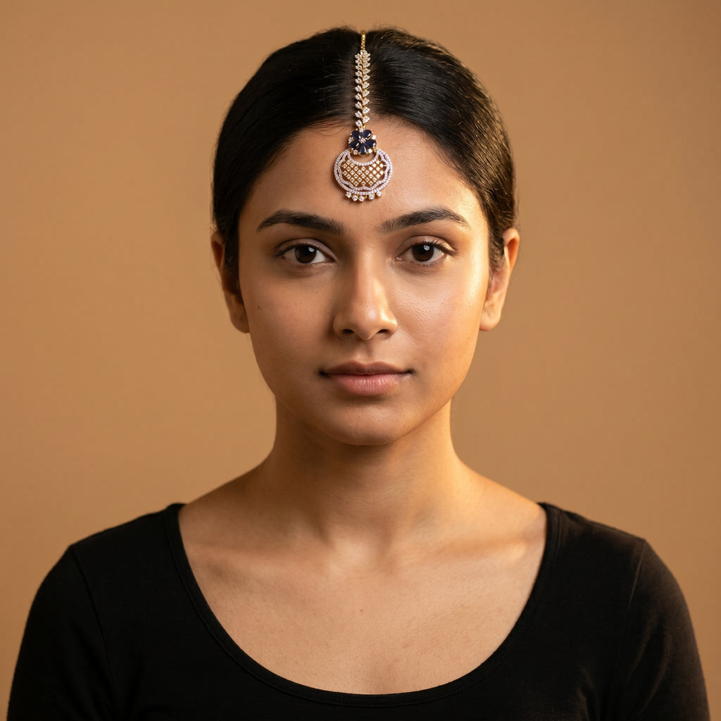 Rani Sapphire Tikka detail showing pear-link chain navy stones and lattice crescent drop fringe