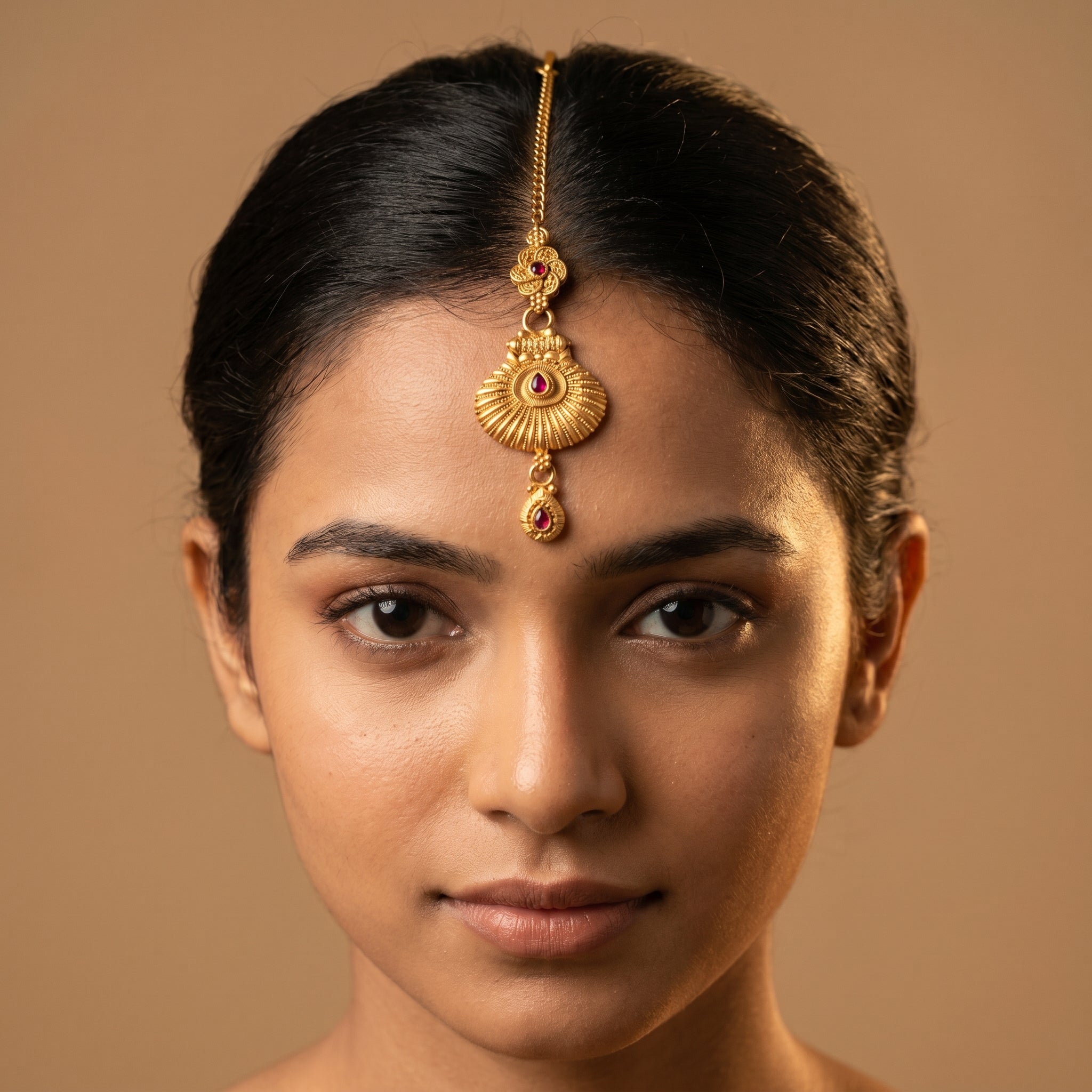 Priya Ruby Tikka detail showing filigree floral connector and ridged fan pendant with teardrop drop
