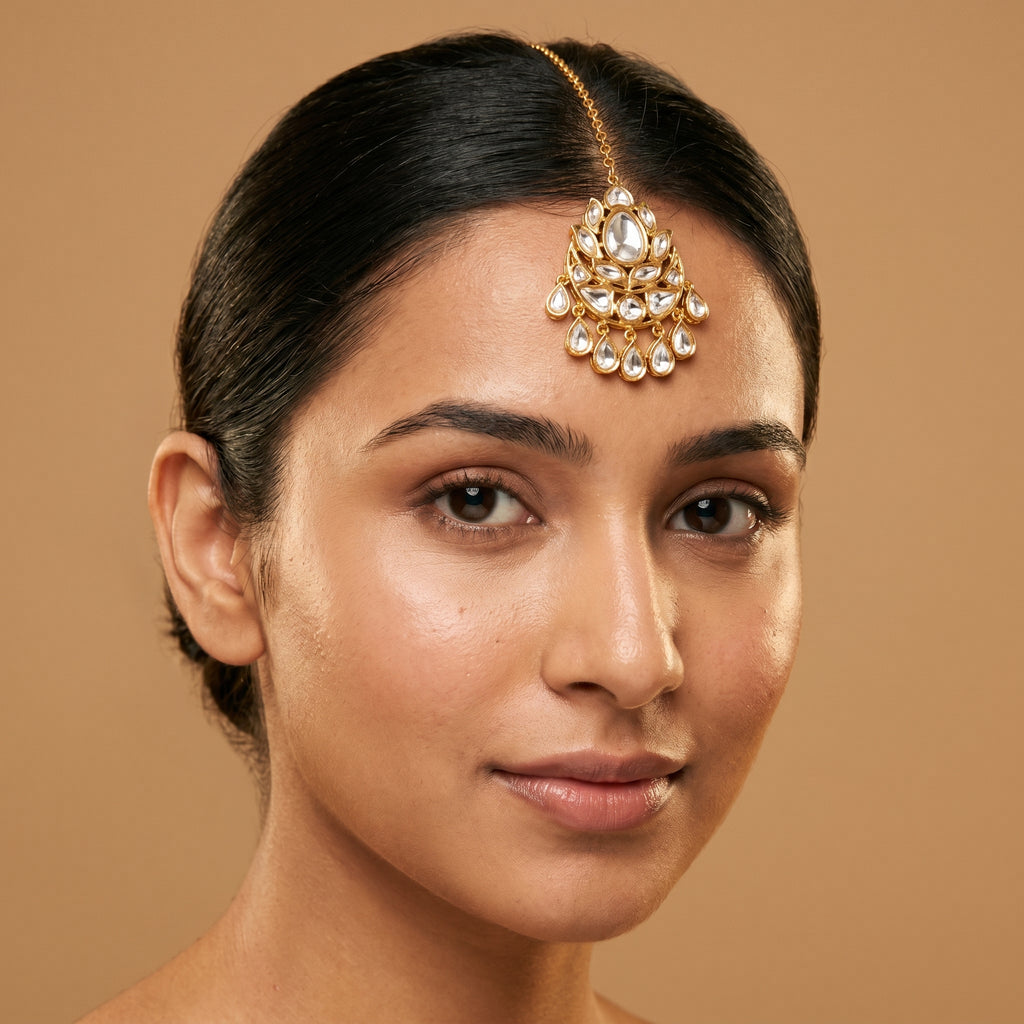 Jadau Polki Tikka detail showing scalloped polki floral pendant and crystal teardrop fringe