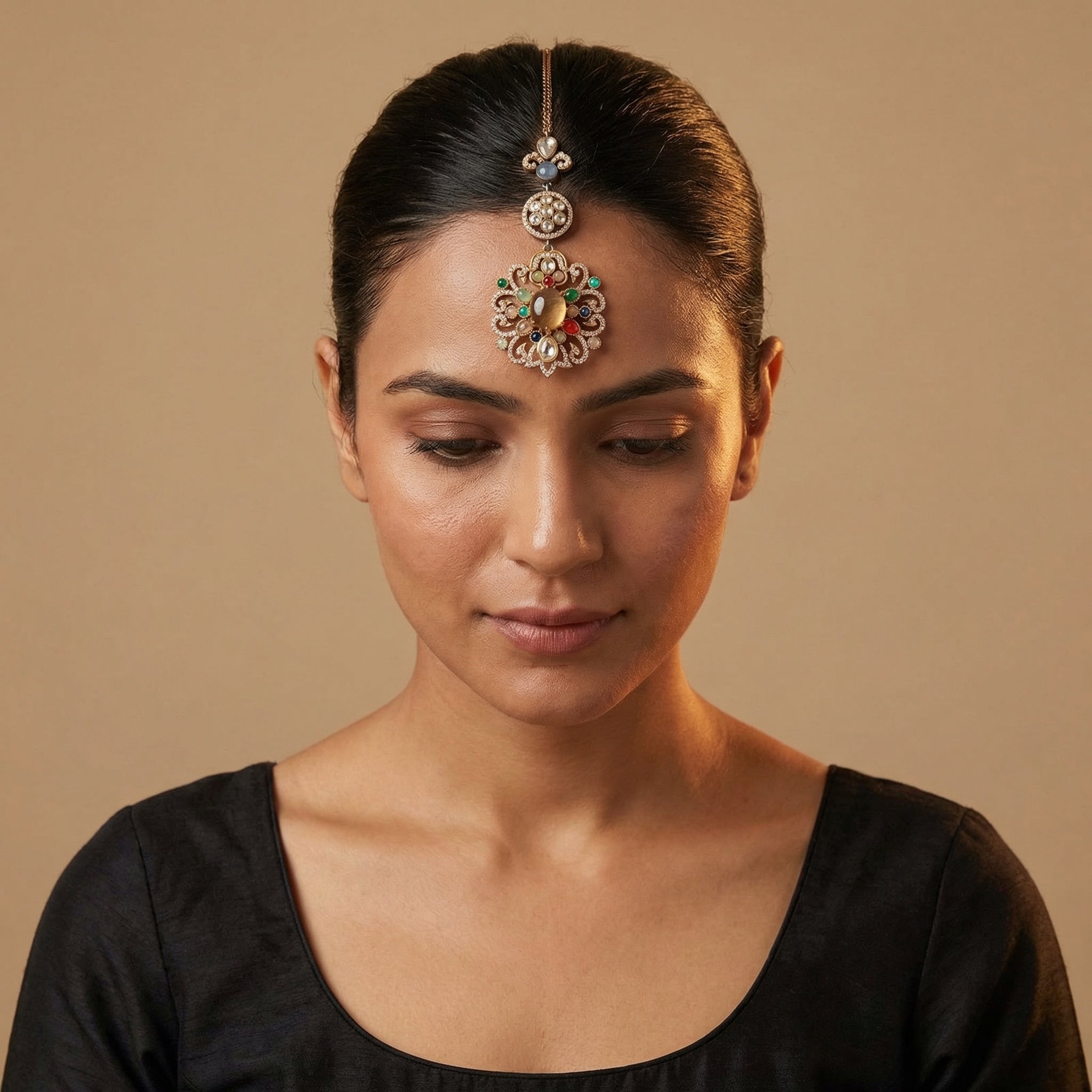 Navrang Tikka detail showing stacked medallions and oxidized gold scrollwork with colored stones