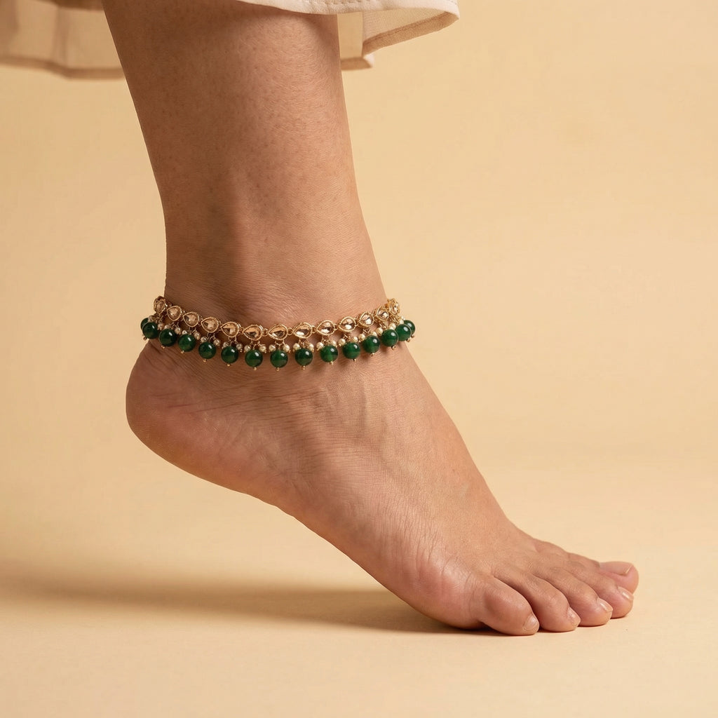 Rani Polki Anklet detail of teardrop stones and green bead fringe