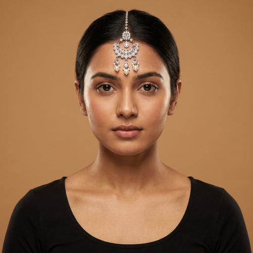 Chandani Pearl Tikka detail showing pave crescent and pearl fringe drops