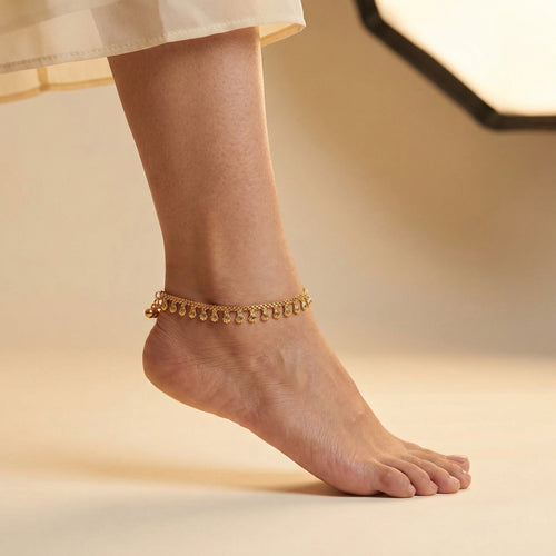 Apsara Ghunghroo Anklet detail of ribbed shell dangles and bell accents