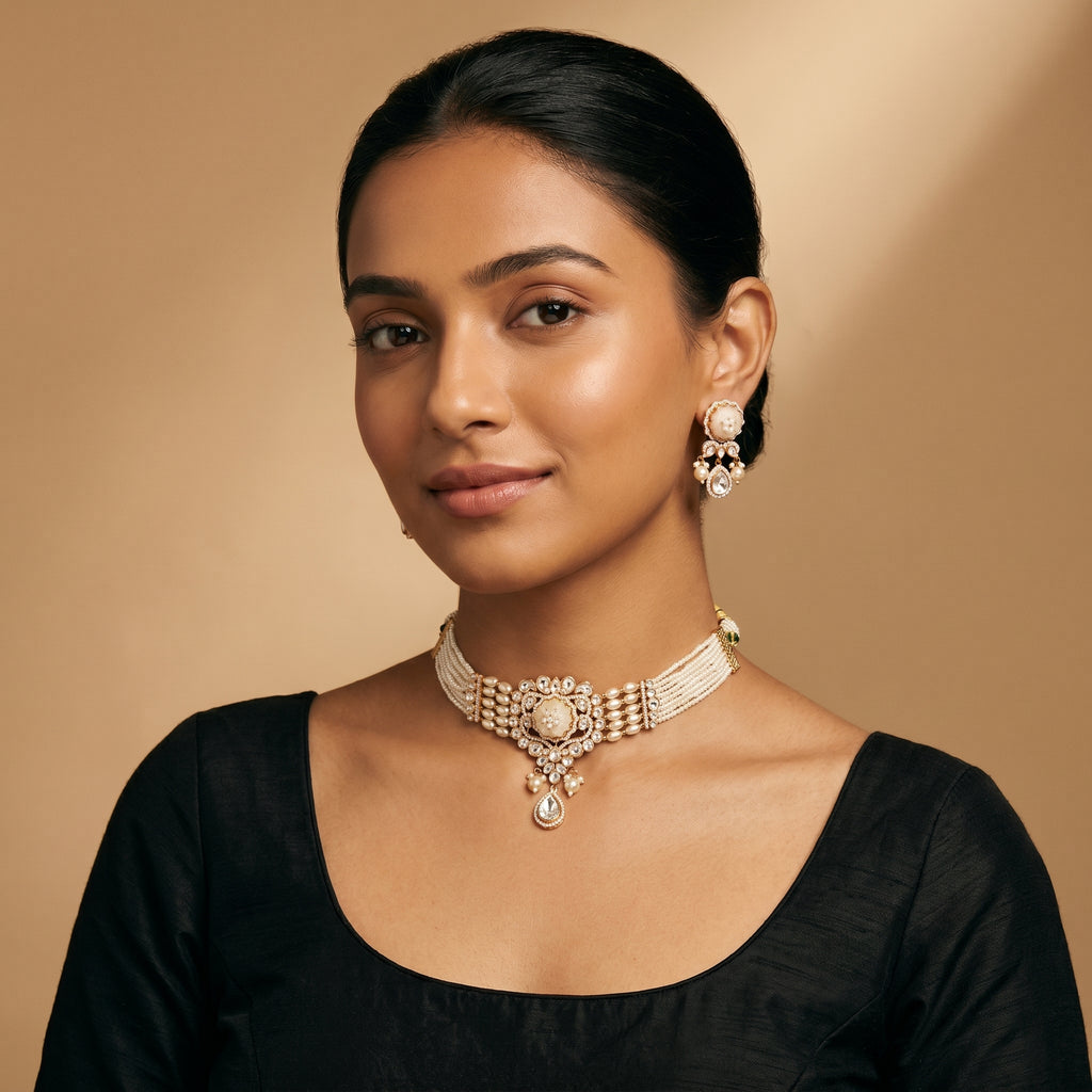 Kundan White Bead Necklace Set