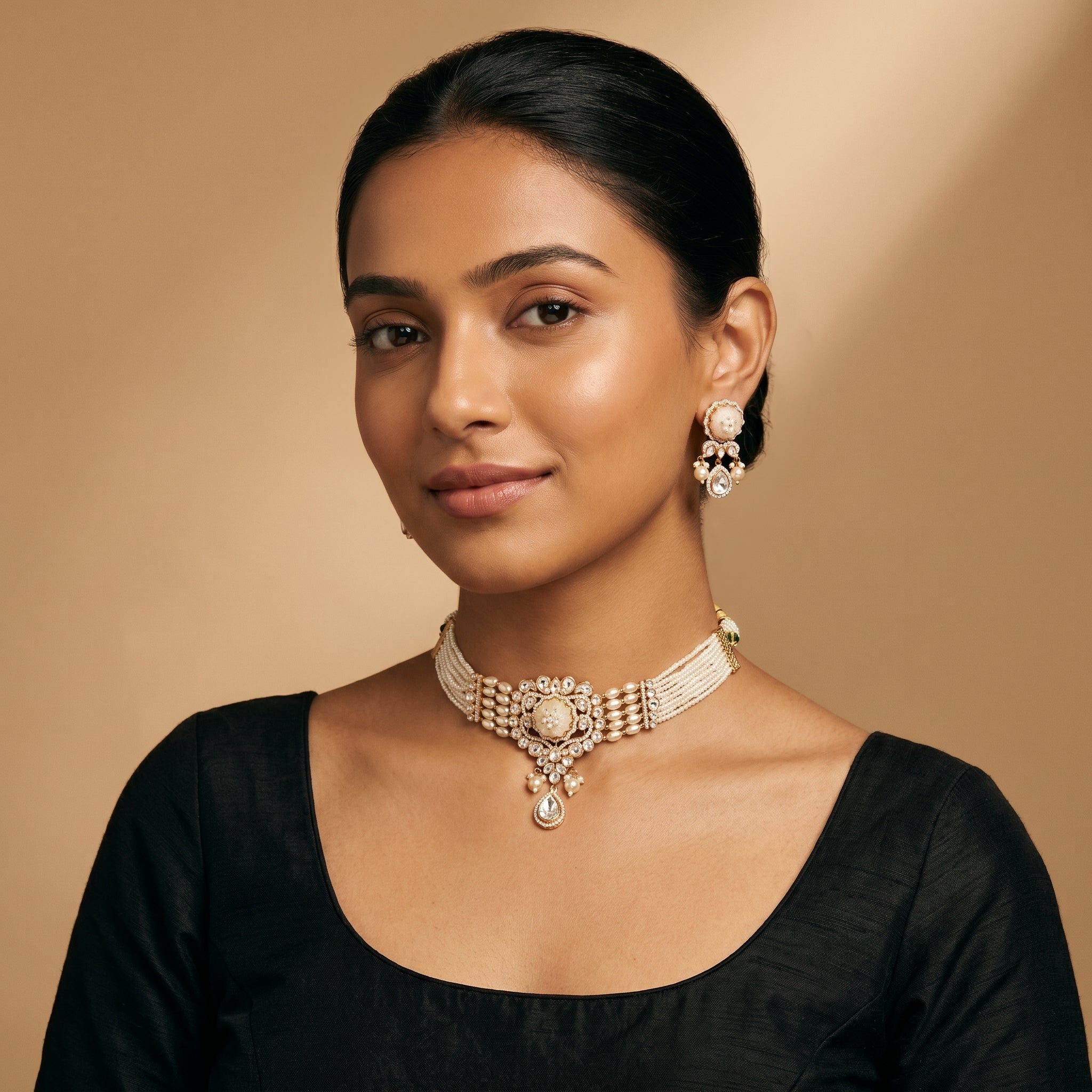 Kundan White Bead Necklace Set