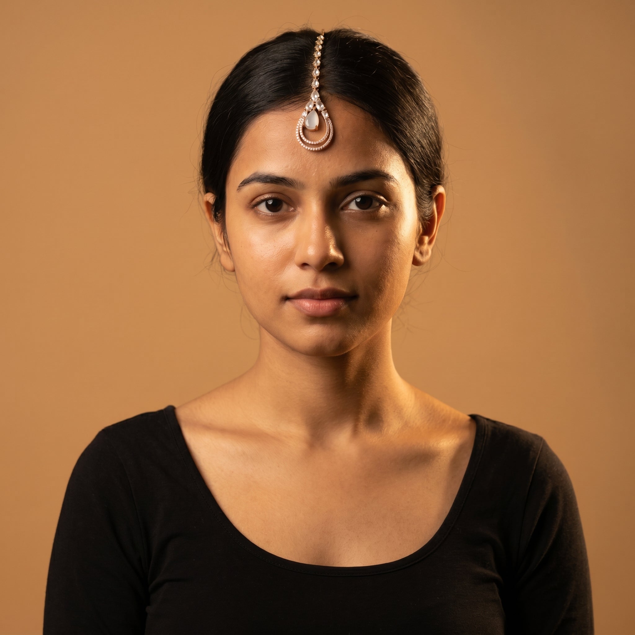 Aira Moonstone Tikka detail showing thirteen-stone chain and milky moonstone center with pavé halo