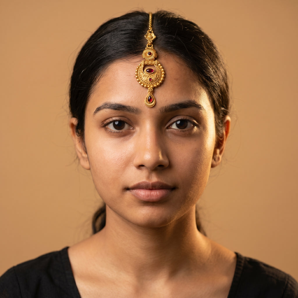 Padma Crimson Tikka detail showing granulated circular pendant and crimson teardrop dangle
