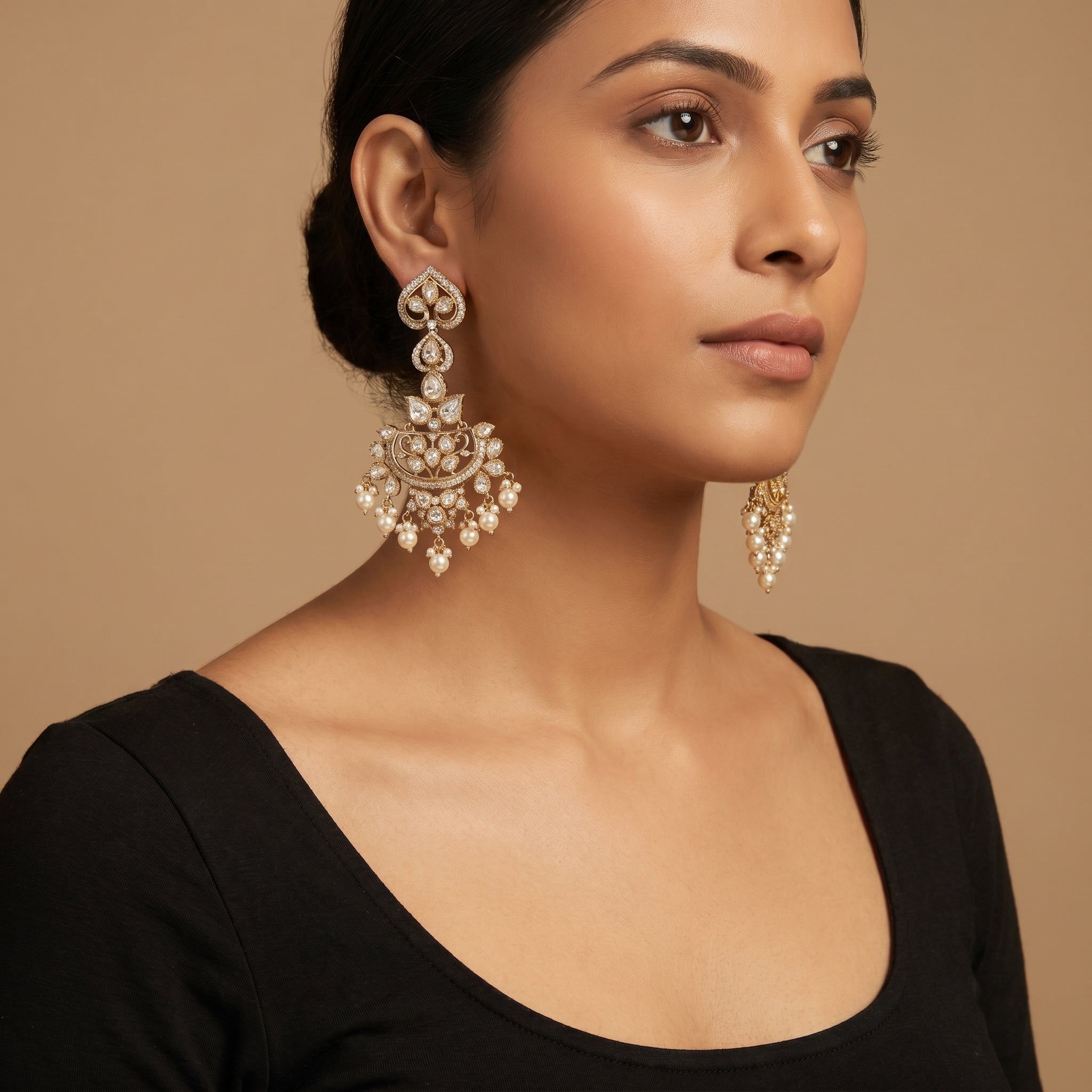 Moti Chandbali Earrings detail showing crescent polki work and pearl dangles