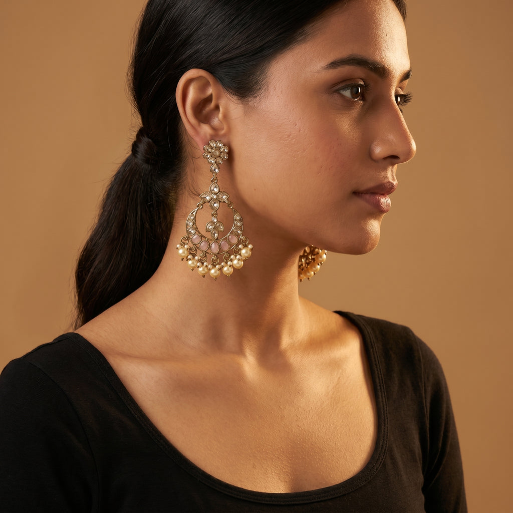 Chandni Pearl Earrings detail showing polki crescent, pink stone row, and cream pearl dangles