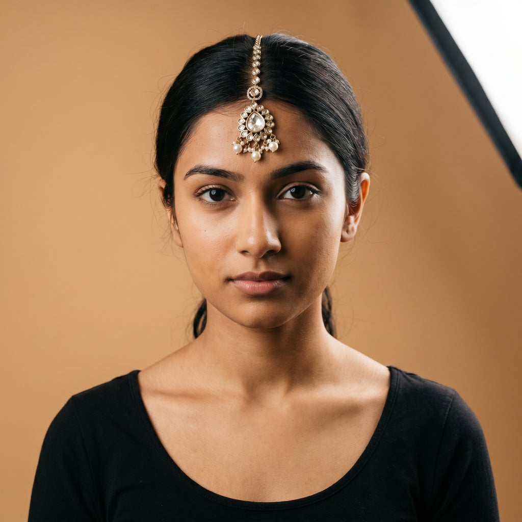 Noor Pearl Tikka detail showing crystal stem and pearl fringe clusters