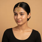 Golden Pearl Tikka detail showing crystal medallion and five pearl drops