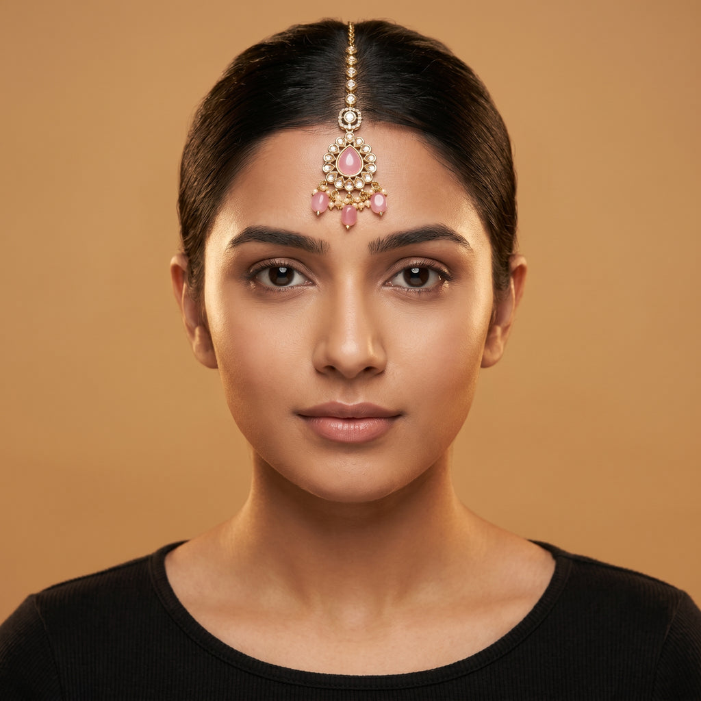 Rani Gulabi Tikka detail showing pink teardrop centerpiece and crystal halo