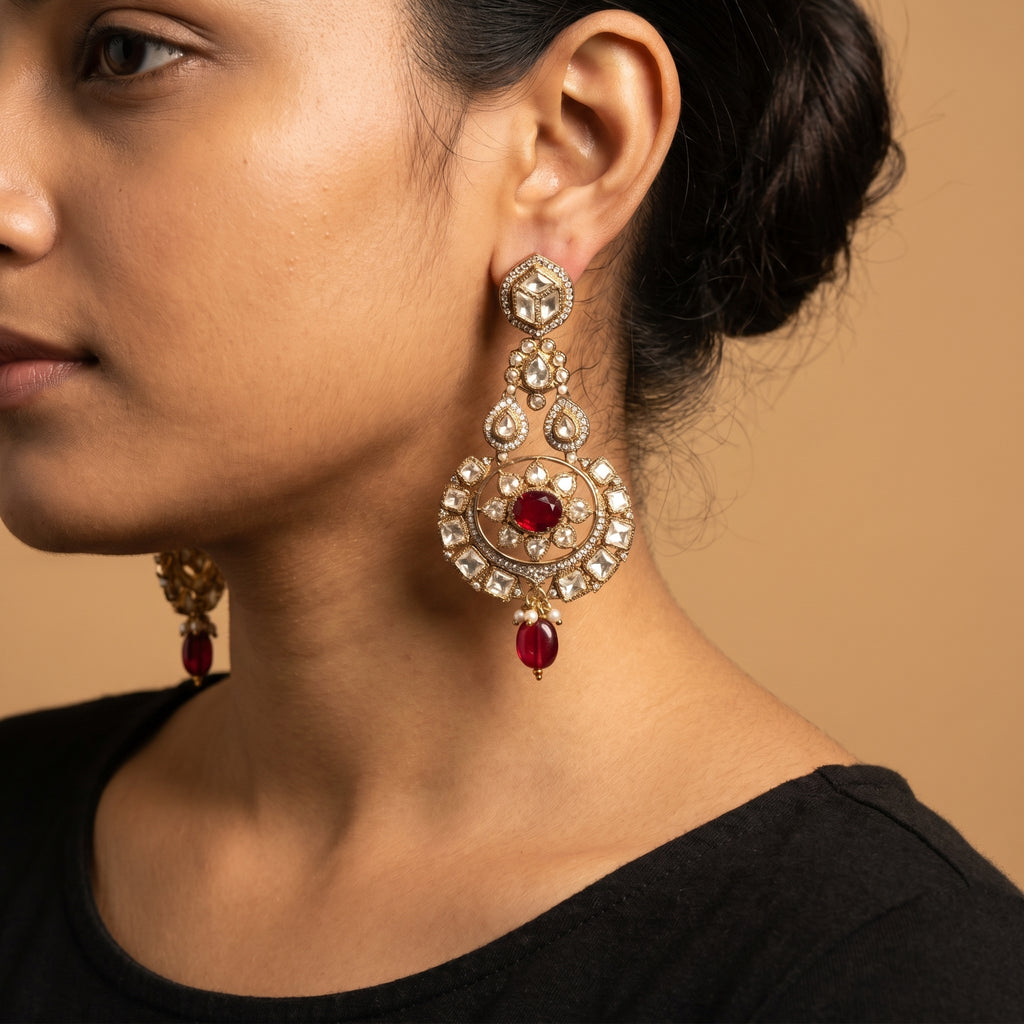 Kundan Ruby Earrings detail showing ruby oval and pearl accents