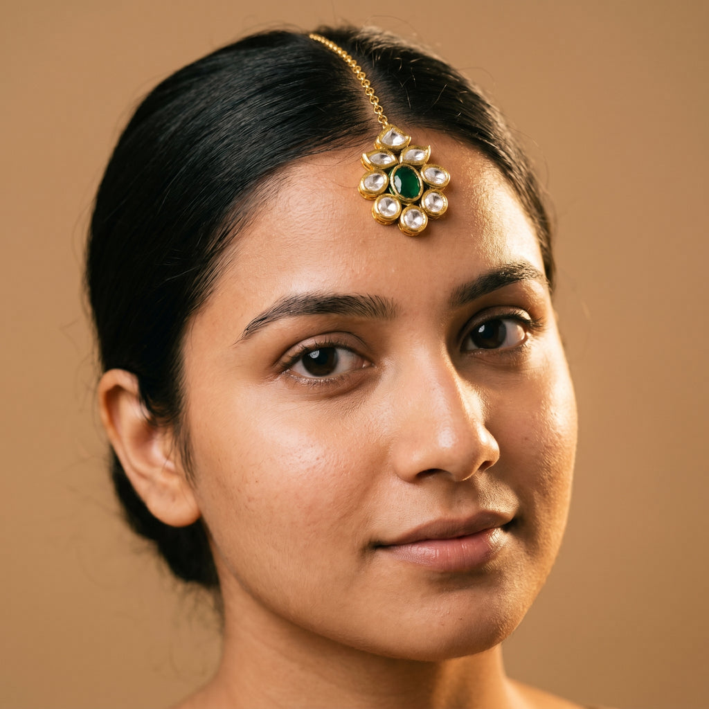 Panna Jadau Tikka detail showing oval emerald-green stone and six clear teardrop kundan accents