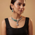 Jadau Emerald Necklace Set detail of kite pendant and rectangular emerald motifs