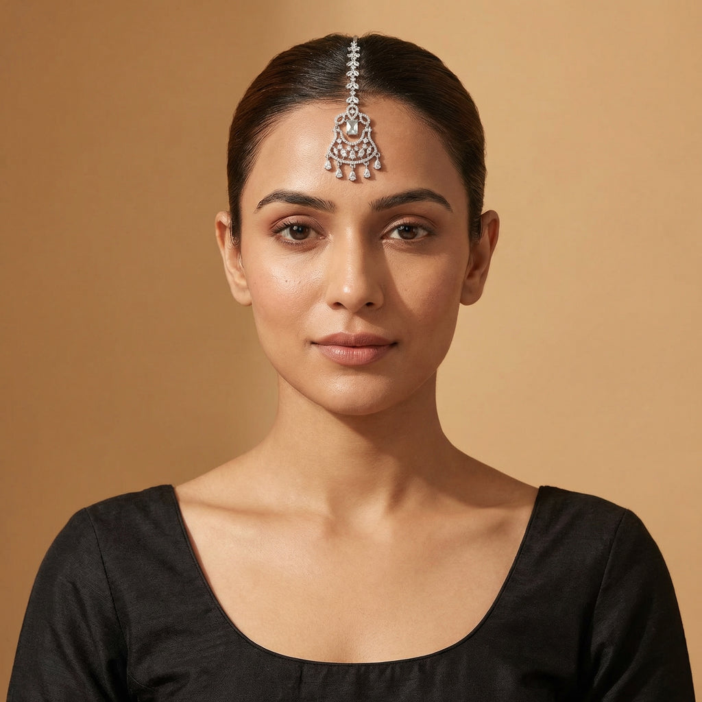 Crystal Drop Tikka detail showing chandelier pendant and five pear crystal teardrop dangles