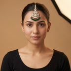 Priya Emerald Tikka detail showing crystal fan pendant, green beads, and pearl accents