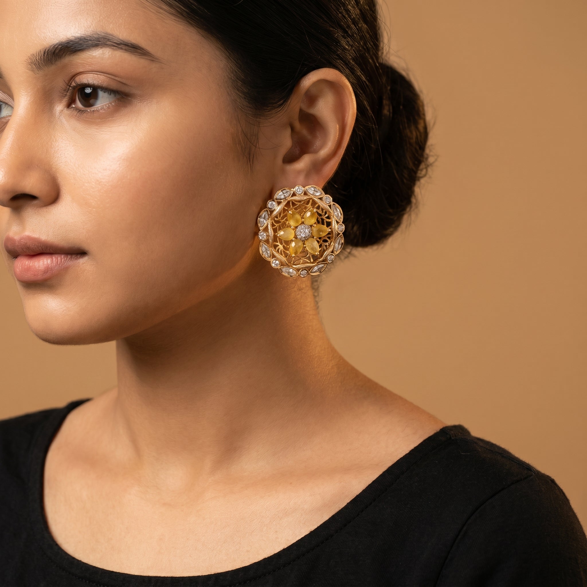 Surajmukhi Earrings detail showing honey-yellow petals, filigree lattice, and scalloped crystal rim
