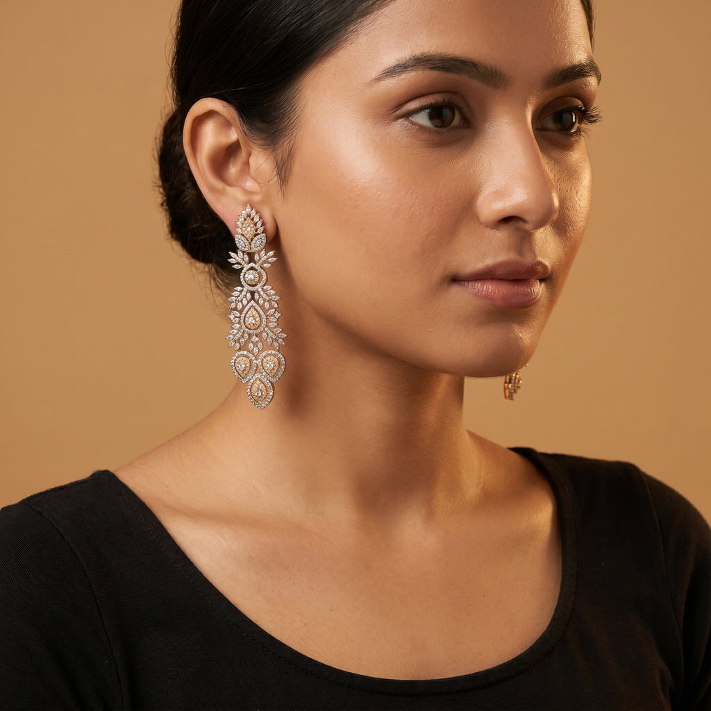 Regal Gold Earrings detail showing marquise crystal branches and triple champagne teardrop cluster