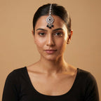 Sia Noir Tikka detail showing crystal mandala pendant, black teardrop center, and pearl-trimmed bead fringe