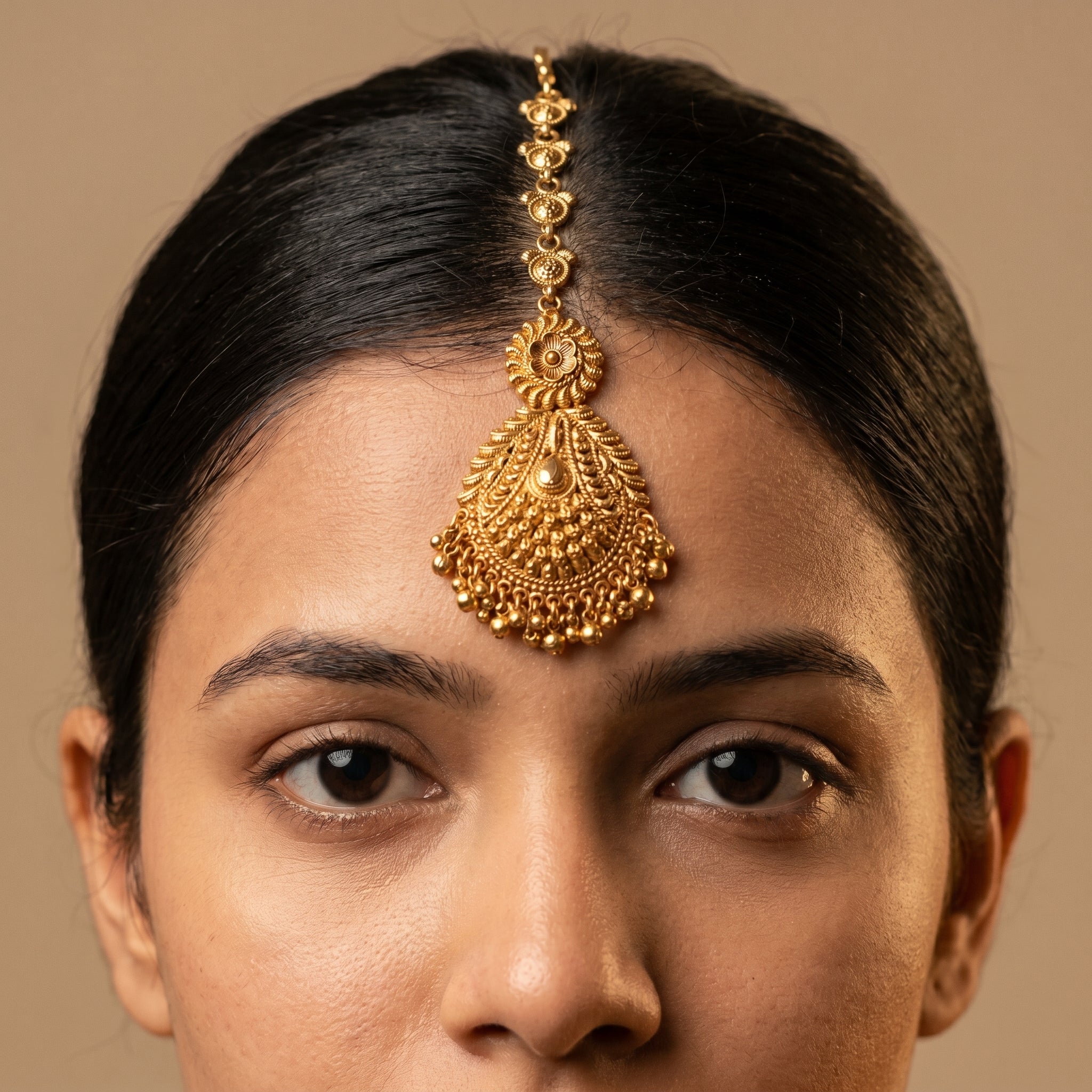 Rani Flora Tikka detail showing scalloped link chain and openwork fan pendant