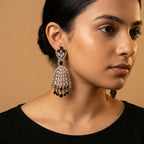 Kala Jhalar Earrings detail showing marquise lattice arch rose gold baguette border and black pear dangles