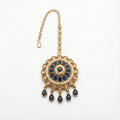 Sapphire Chakra Tikka antique gold circular maang tikka with navy blue stones and pearl halos
