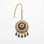 Sapphire Chakra Tikka antique gold circular maang tikka with navy blue stones and pearl halos