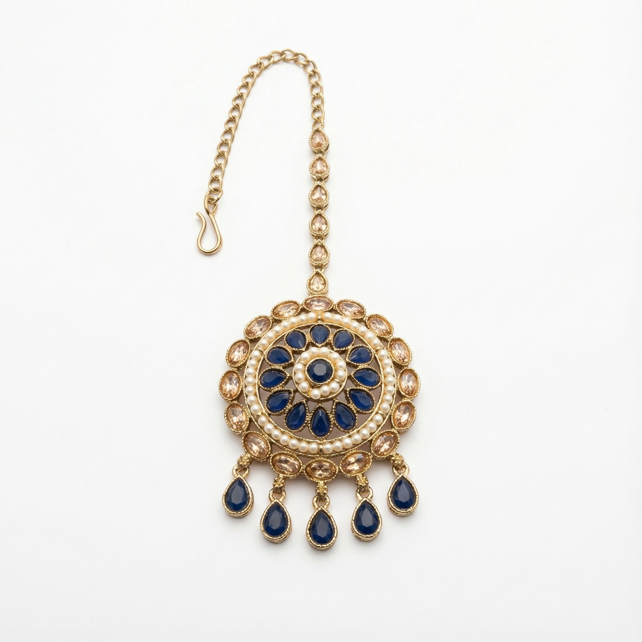 Sapphire Chakra Tikka antique gold circular maang tikka with navy blue stones and pearl halos