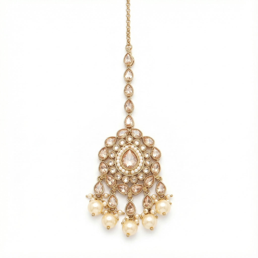 Ivory Glow Teardrop Tikka gold circular maang tikka with champagne stones and pearl drops