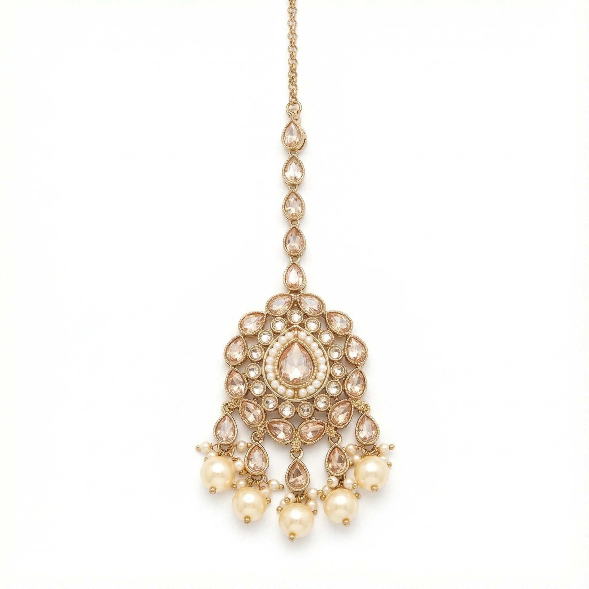 Ivory Glow Teardrop Tikka gold circular maang tikka with champagne stones and pearl drops