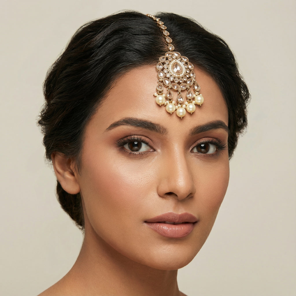 Ivory Glow Teardrop Tikka detail showing pearl-ringed center and scalloped kundan petals