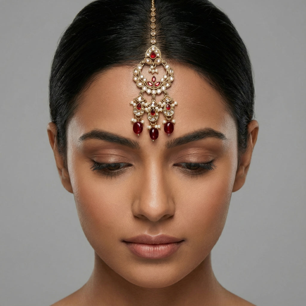 Chandrika Ruby Drop Tikka detail of circular clear frame with ruby accents and three bottom bead drops