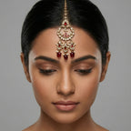 Chandrika Ruby Drop Tikka detail of circular clear frame with ruby accents and three bottom bead drops