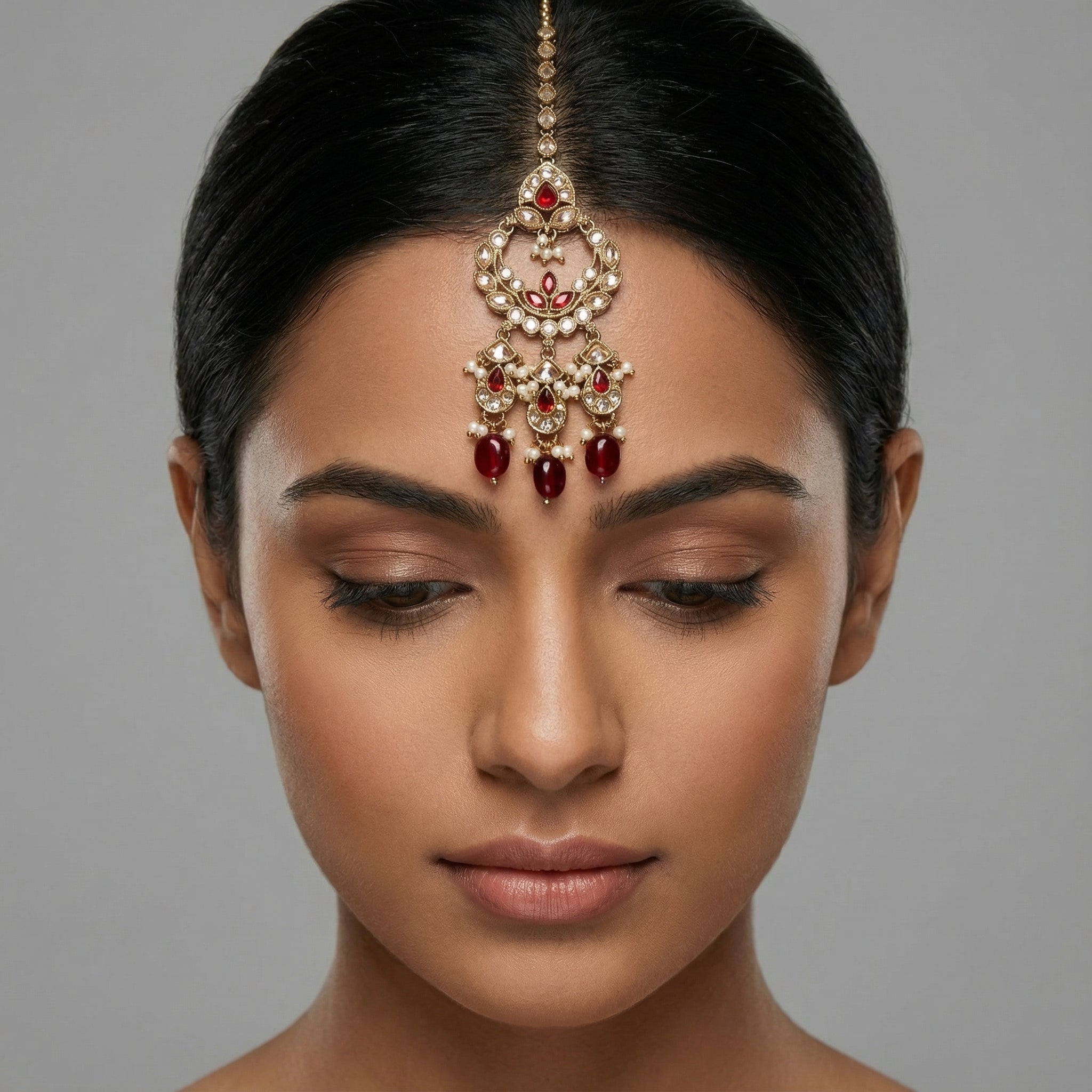 Chandrika Ruby Drop Tikka detail of circular clear frame with ruby accents and three bottom bead drops