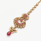 Zarrah Ruby Crescent Tikka detail showing ruby crescent motif and oval pink bottom bead