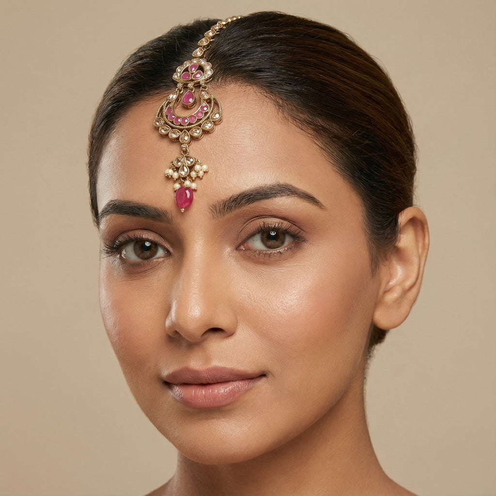 Zarrah Ruby Crescent Tikka detail showing ruby crescent motif and oval pink bottom bead