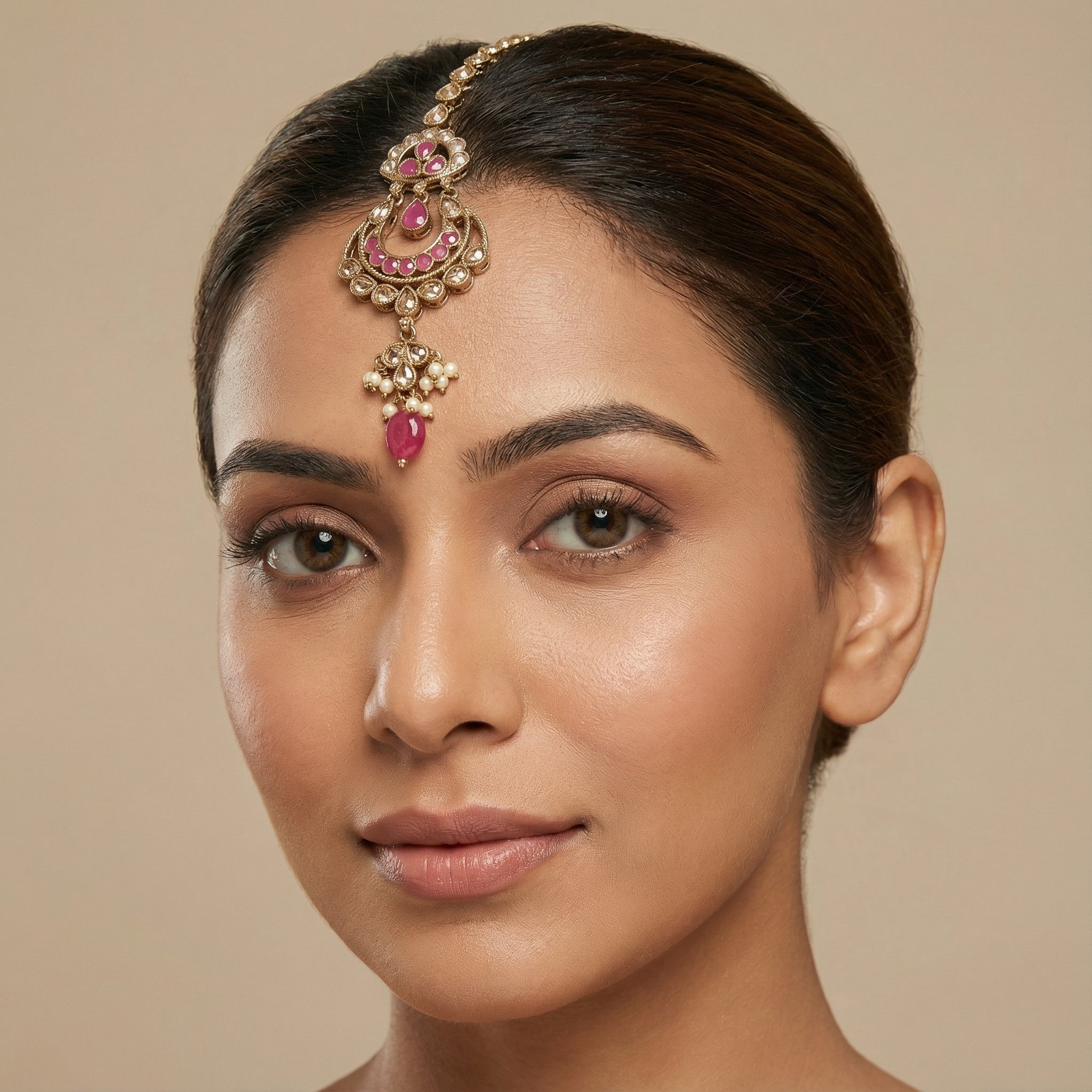 Zarrah Ruby Crescent Tikka detail showing ruby crescent motif and oval pink bottom bead