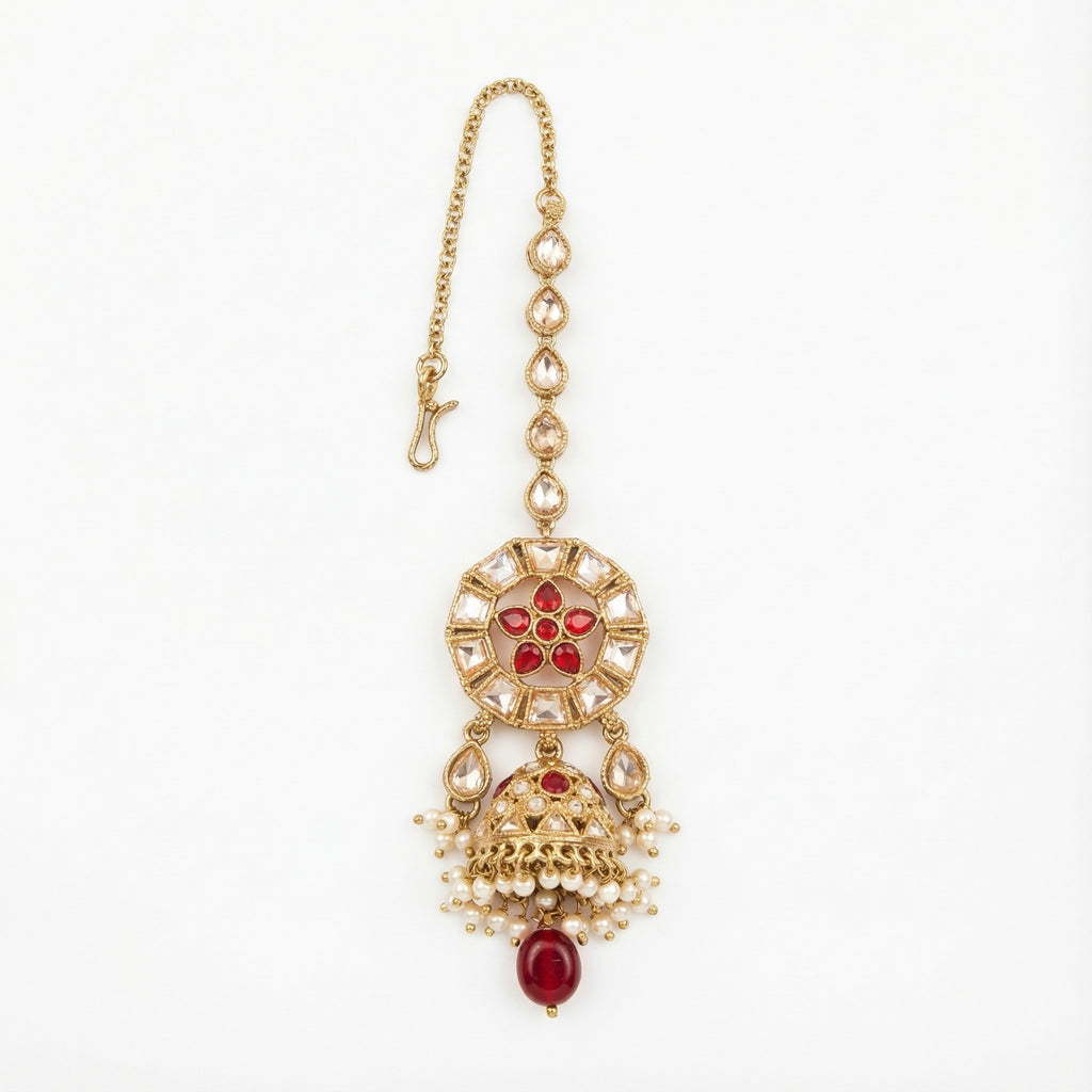 Ruby Jhumka Drop Tikka gold maang tikka with ruby medallion and jhumka pearl fringe drop