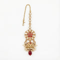 Ruby Jhumka Drop Tikka gold maang tikka with ruby medallion and jhumka pearl fringe drop
