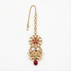 Ruby Jhumka Drop Tikka gold maang tikka with ruby medallion and jhumka pearl fringe drop