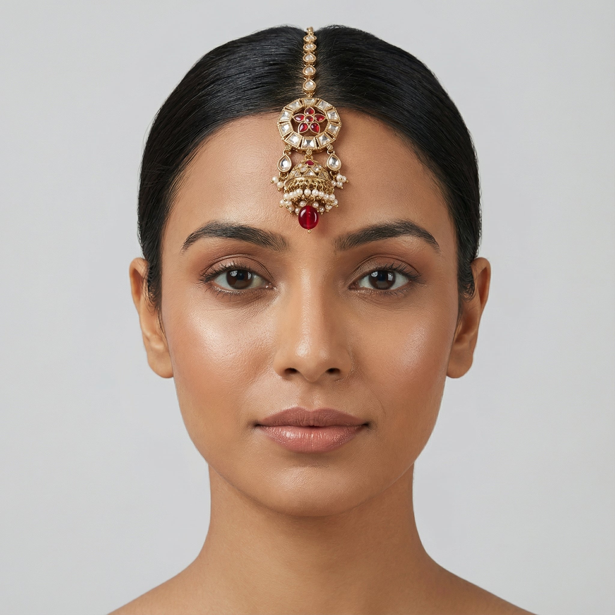 Ruby Jhumka Drop Tikka detail showing ruby floral center and bell jhumka pendant