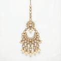 Ivory Heirloom Crescent Tikka gold chandbali maang tikka with clear crystals and pearl drops on gray background